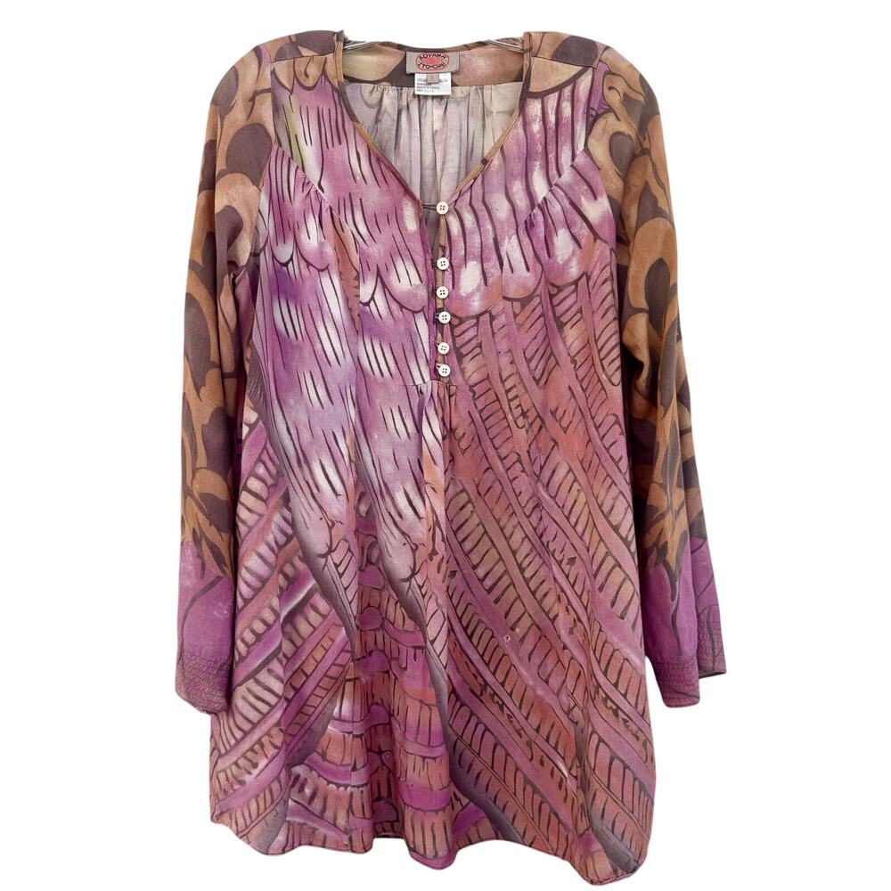 Aoyama Itchome Boho Wing Feather Print Viscose Tunic Blouse Size Medium